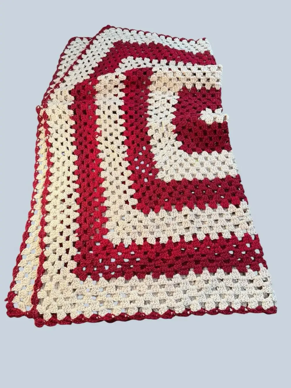Vintage Maroon and Cream Granny Square Crochet Afghan Throw Blanket
